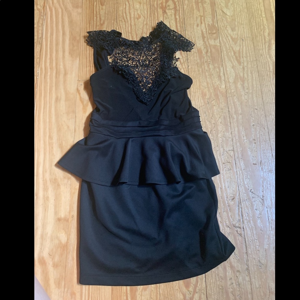 Beautiful silky black dress with lace high neck